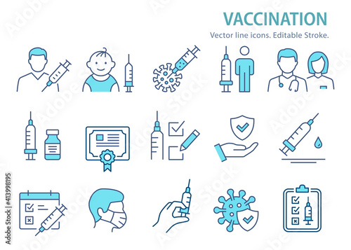 Vaccine icon set. Collection of syringe, coronavirus, covid 19 and more. Vector illustration. Editable Stroke.