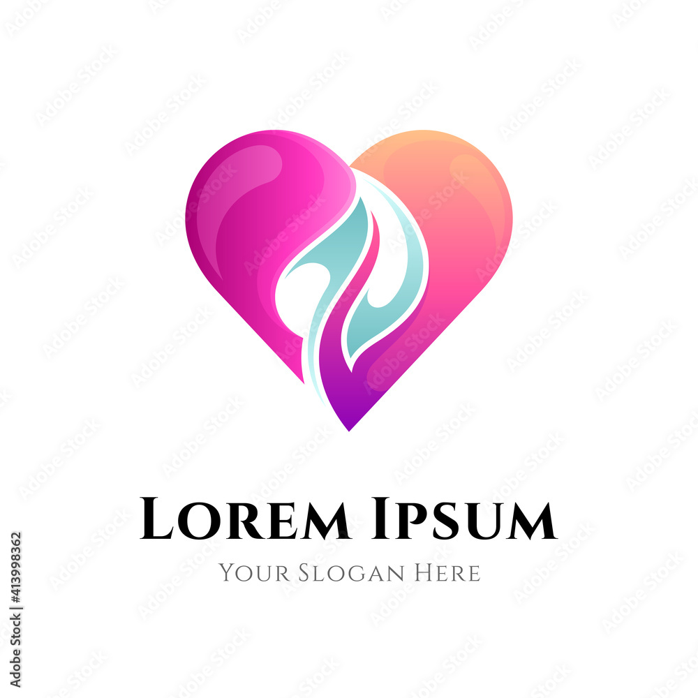 Heart with leaf logo concept with gradient color, flat logo template