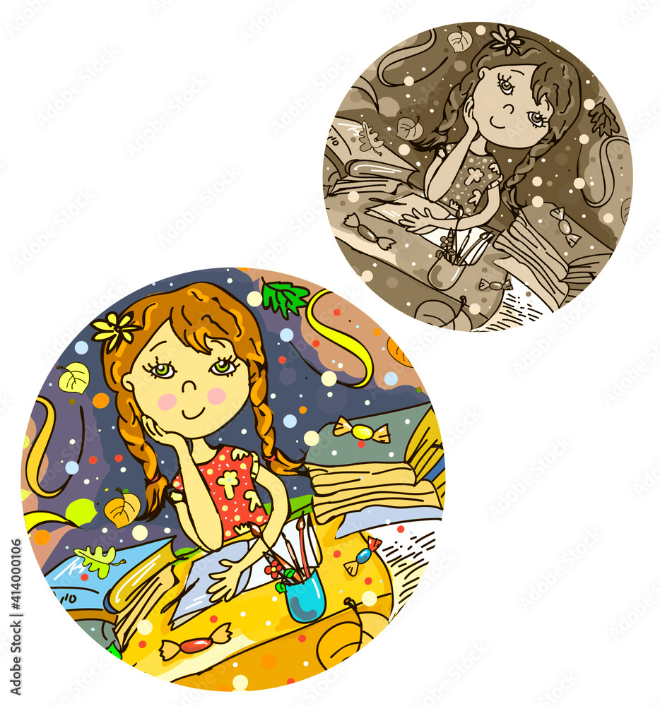 The girl sits at the table dreams, writes poetry, thinks. Children's illustration, cartoon style. Schoolgirl doing homework. On the table are books, pencils. Autumn, summer day. Round pattern 