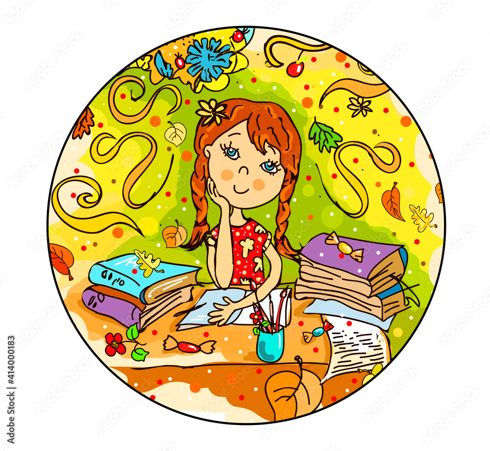 The girl sits at the table dreams, writes poetry, thinks. Children's illustration, cartoon style. Schoolgirl doing homework. On the table are books, pencils. Autumn, summer day. Round pattern The girl sits at the table dreams, writes poetry, thinks. Children's illustration, cartoon style. Schoolgirl doing homework. On the table are books, pencils. Autumn, summer day. Round pattern