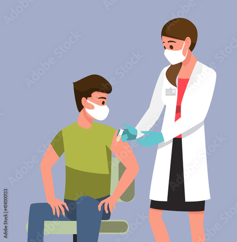 Vaccination of people from coronavirus COVID-19., flu or influenza shot or taking blood test with a needle,Vector illustration cartoon character.