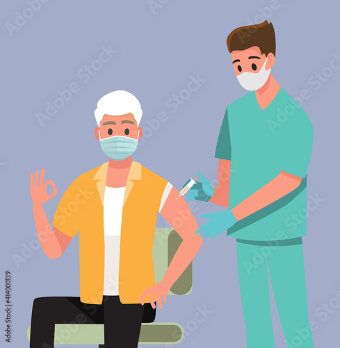 Vaccination of people from coronavirus COVID-19., flu or influenza shot or taking blood test with a needle,Vector illustration cartoon character.