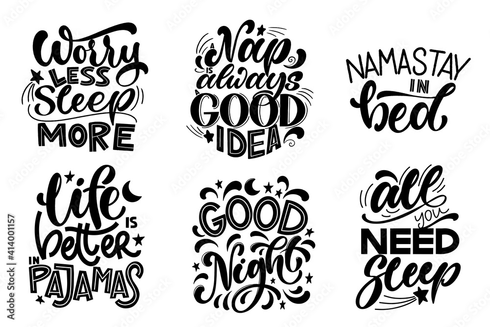 Funny sleep and good night quotes set. Vector design elements for t-shirts, pillow, posters, cards, stickers and pajama