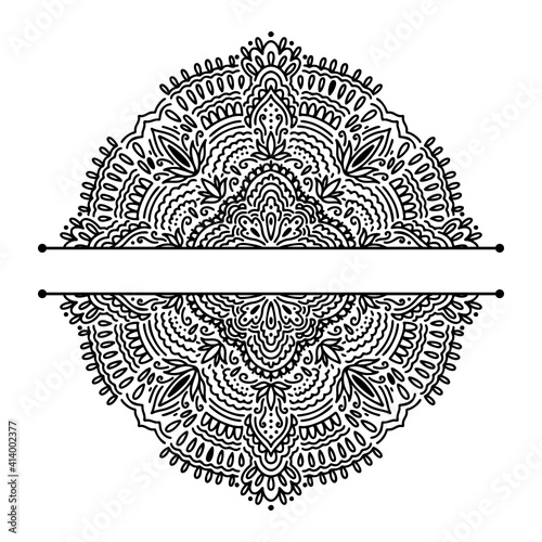 Graphic half for inscription round traditional mandala abstract isolated in white background.Boho indian shape.Ethnic oriental style.