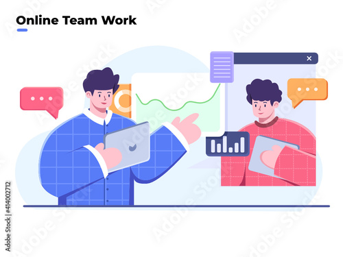 Flat style illustration of team work and business analyze, video conference and online meeting, work from home, virtual business collaboration or team work, team discussing ideas with video call.
