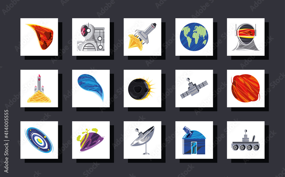 space icon collection with comet spaceship planet satellite antenna