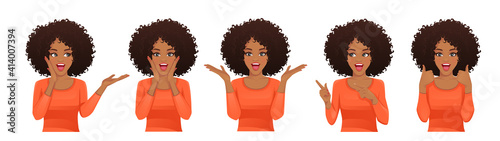 Surprised shocked african woman with different gestures and open mouth isolated vector illustration