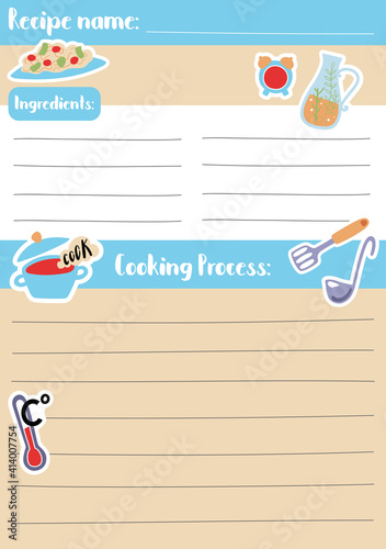 Recipe card template vector illustration in A5 size, vertical format. Stay home kids activity hobby.