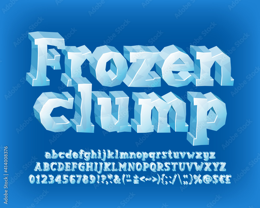 Frozen clump alphabet font. 3D cartoon ice letters, numbers and symbols. Uppercase and lowercase. Stock vector typescript for your typography design.