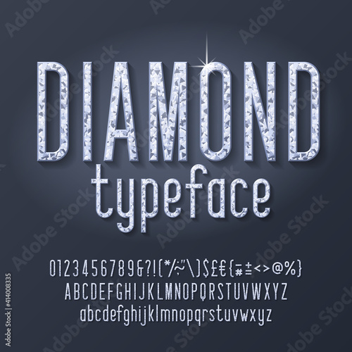 Diamond alphabet font. Luxury crystal letters, numbers and punctuations. Uppercase and lowercase. Stock vector illustration.