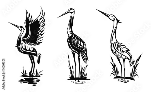 Heron or wader birds vector icons, black hern silhouettes stand in swamp water with reeds isolated on white side view wading in marsh, egrets with ornate body for tattoo design, monochrome emblems set