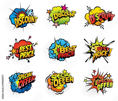Shopping sale special offer pop art bang or explosion bubbles. Shop discounts, best price and special seasonal offers retro comic icons or vintage promo stickers with blast, burst effects vector