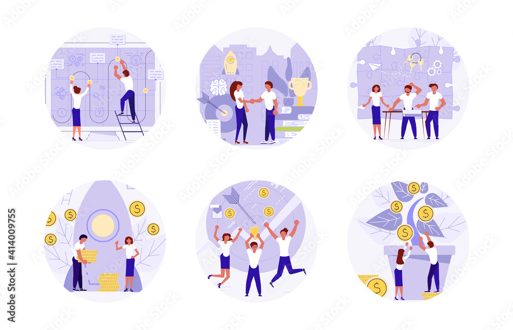 Fototapeta Set of startup circle stickers. Start new business project with team concept. Development process, Innovation product, creative idea isolated on white. Flat Art Vector illustration