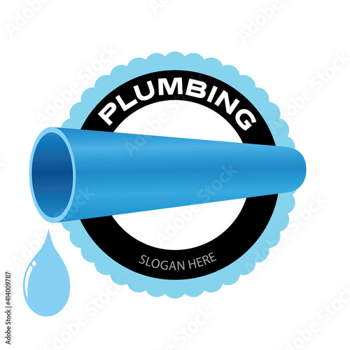 Plumbing company logo. Water pipe with a water drop symbol on white background. Vector illustration badge design.