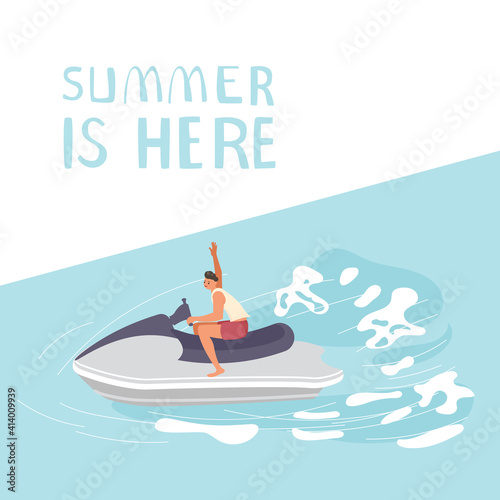 Summer is here square banner template. People on summer vacation concept. A young man races on aqua bike. Flat Art Vector Illustration