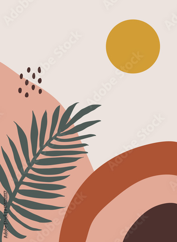 Modern abstract aesthetic background with hand drawn shapes and leaves. Wall decor in boho style. Mid century vector print for cover, wallpaper, card, social media, interior decor	