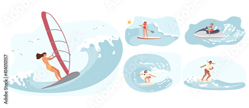 Set of Water sport activities. Women rides the Barreled Rushing Waves or floating on paddle board. Happy characters isolated on white background. Flat Art Vector illustration