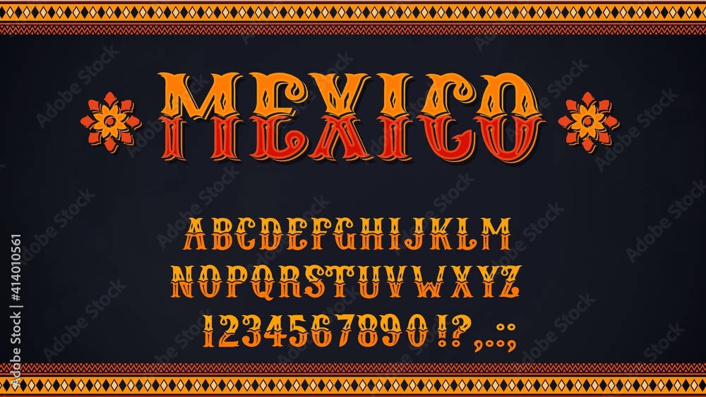 Mexican font of vector alphabet letters and numbers. Mexico ethnic type of uppercase characters, digits and punctuation marks, decorated with marigold flowers and Latin American folk patterns
