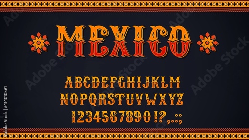Mexican font of vector alphabet letters and numbers. Mexico ethnic type of uppercase characters, digits and punctuation marks, decorated with marigold flowers and Latin American folk patterns