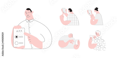 Multi generation people with gadgets. Young and old men and women use app on smartphone for internet banking, shopping ang others. Flat Art Vector illustration