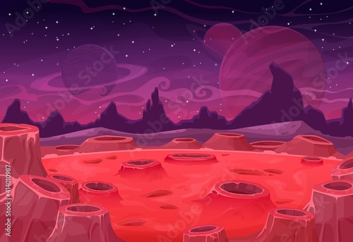 Alien planet vector landscape, red Mars land surface with craters and Saturn or Jupiter in purple starry sky. Fantasy nature background, martian extraterrestrial computer game scene, cartoon backdrop