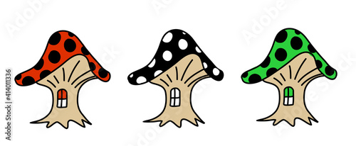 Three fairy-tale mushroom-shaped houses, a fantasy mushroom hut. Set of isolated vector illustration primitive childish style