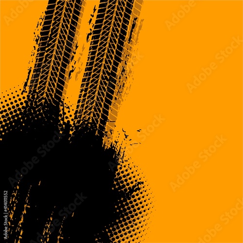 Offroad grunge vector tyre prints with dirty dotted black spot on yellow background. Automobile protector track, rally trace, motocross tires pattern, off road grungy trails with stain textured design
