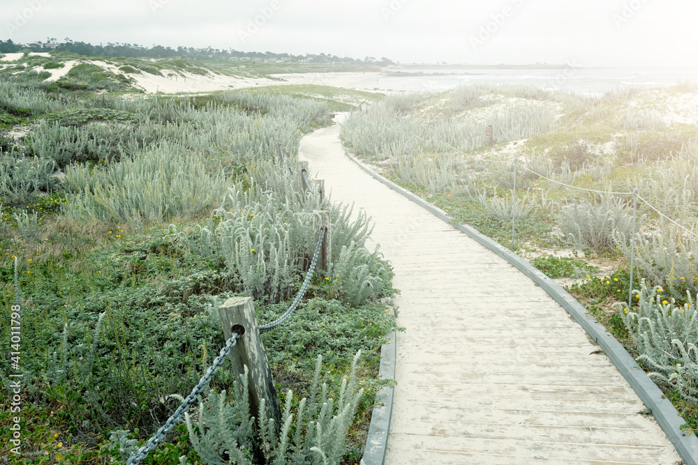 Walking wooden walkway to a sandy beach on the California coast. Pacific Ocean. Beach Boardwalk
