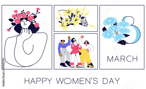 Happy Women's Day flyer, poster. Social media banner with women celebrating spring holidays with flowers. March 8 poster template or greeting card design. Flat Art Vector illustration