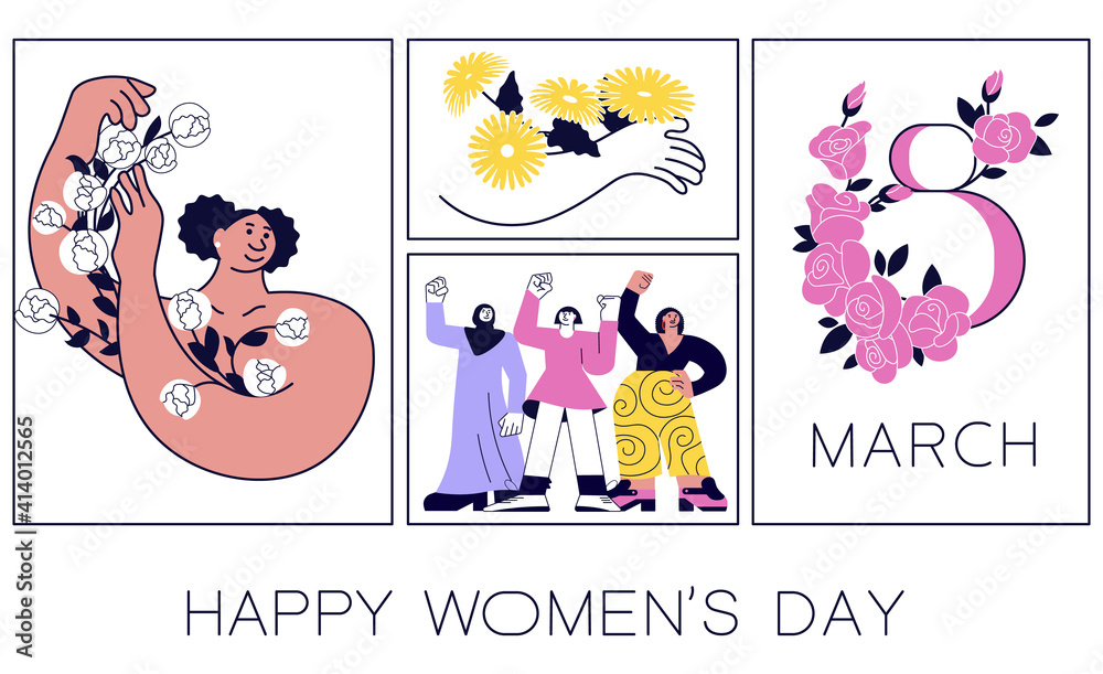Happy Women's Day flyer, poster. Social media banner with women celebrating spring holidays with flowers. March 8 poster template or greeting card design. Flat Art Vector illustration