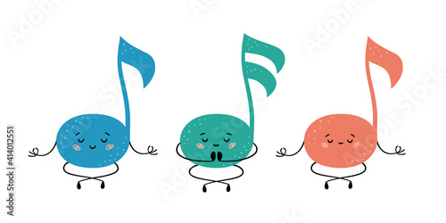 Cute musical notes in yoga pose. Notes practicing yoga and meditates. Funny vector cartoon characters isolated on white background