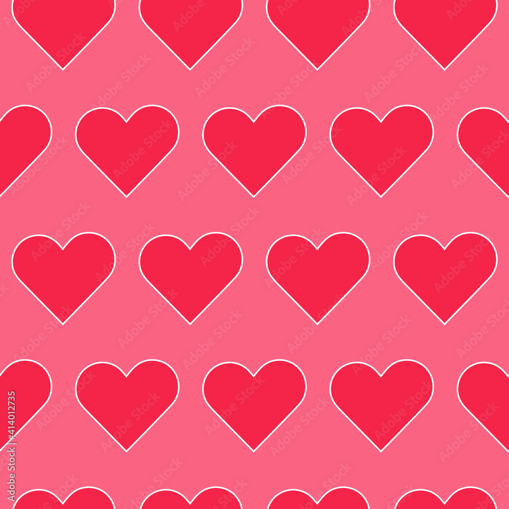 Red heart with outline on pink seamless pattern for textile design, wrapping paper, wallpaper background