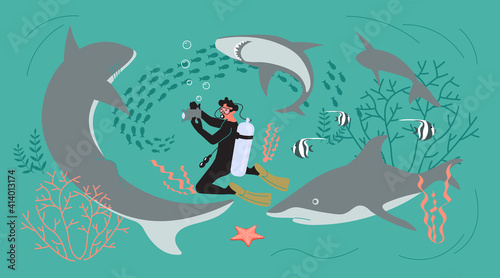 Scuba diving man on the sea bottom among sharks. Marine predators and underwater photographer. Flat Art Vector illustration