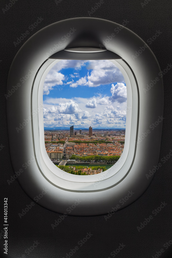 Lyon France in airplane window