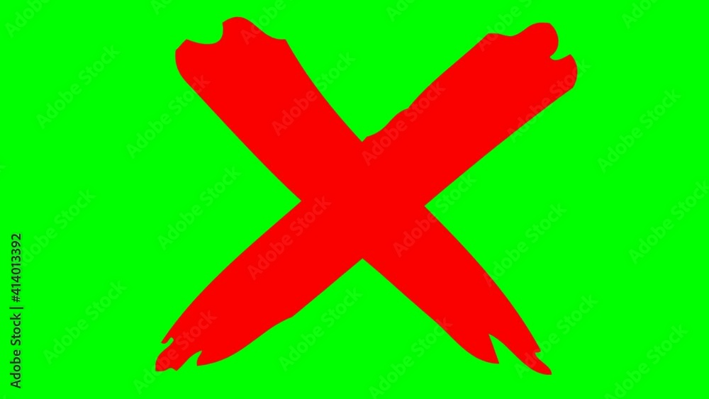 Animated hand drawn red cross appears. Concept of prohibition. Illustration isolated on green background.