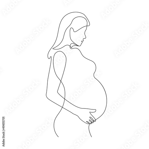 Pregnant Woman Continuous Line Drawing. Single Line Drawing of Pregnant Woman. Happy Mother Minimalist Contour Illustration. Vector EPS 10.	