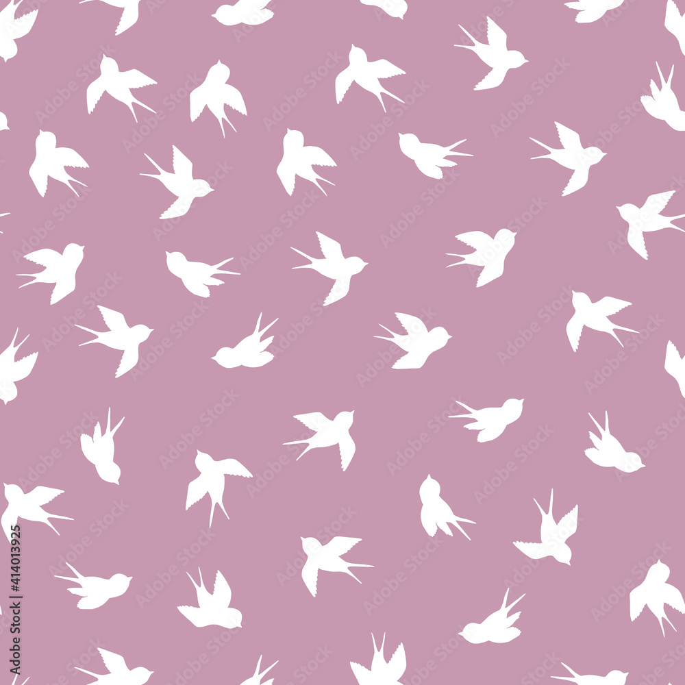 Seamless pattern with white swallow silhouette on pink background. Cute bird in flight. Vector illustration. Doodle style. Design for invitation, poster, card, fabric, textile. Seamless pattern with white swallow silhouette on pink background. Cute bird in flight. Vector illustration. Doodle style. Design for invitation, poster, card, fabric, textile.
