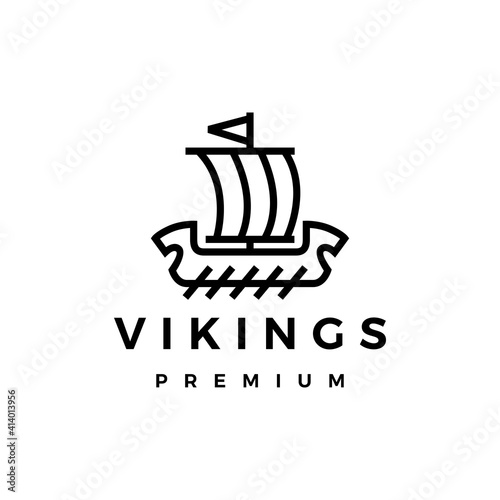 viking ship monoline line logo vector icon illustration