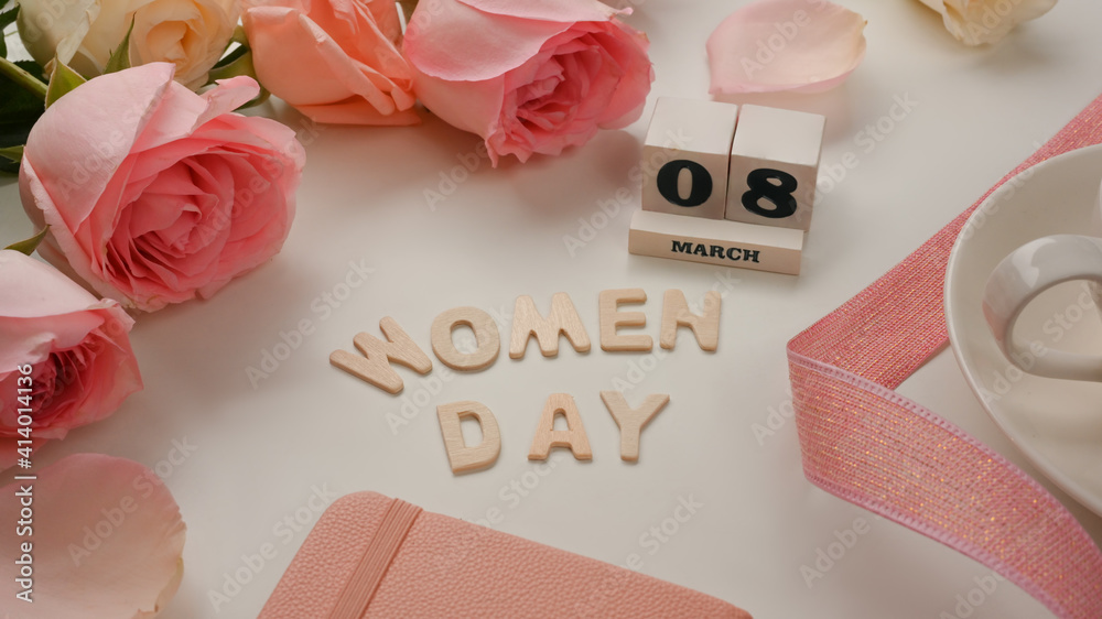 8 March Happy Women's day on white background decorated with pink flowers and ribbon - obrazy, fototapety, plakaty 