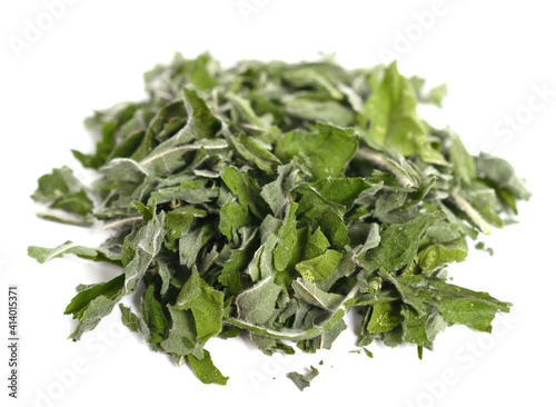 Dry (Dried) Mint Crushed Leaf Pile. Isolated on White.