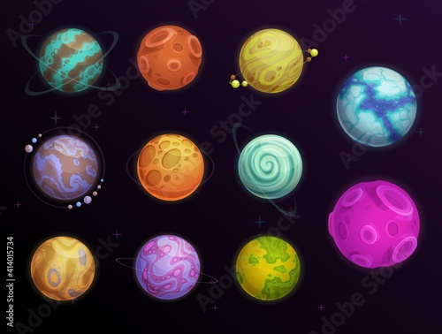Fantasy planets with rings and satellites in space. Far alien words, galaxy exoplanets or deep space planets with water, ice and desert surface covered craters, moon or asteroid cartoon vector set