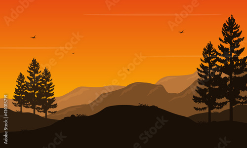 Beautiful natural scenery at dusk. Vector illustration