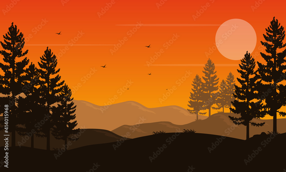 Amazing orange sky at sunset in the afternoon. Vector illustration
