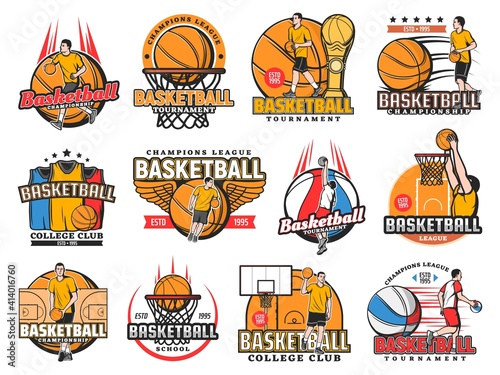 Basketball sport game vector icons, Players throw balls in hoop, team on sports arena. Basketball championship, college or school league, competition labels, champion tournament isolated emblems set