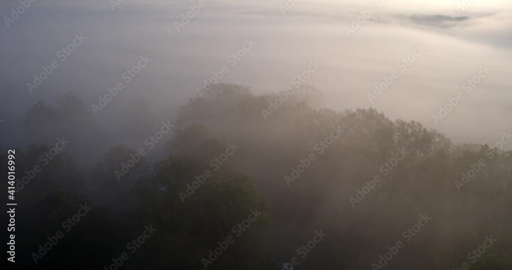 Aerial view of the dawn with fog in the fishponds, Crna Mlaka, Croatia Aerial view of the dawn with fog in the fishponds, Crna Mlaka, Croatia
