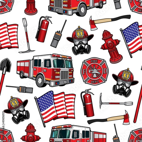 Firefighting vector seamless pattern, firefighter department equipment red protective helmet and gas mask. Fire axe and shovel, extinguisher, hydrant and walkie talkie, fire truck and american flag