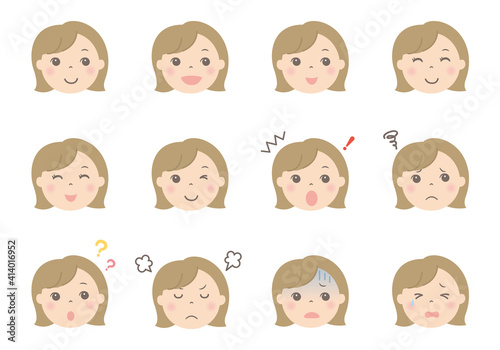 女性の顔イラスト（表情いろいろ）
