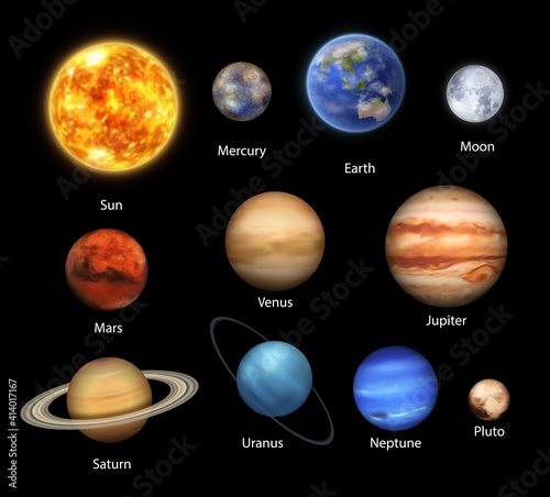 Planets of Solar System realistic set of vector space, astronomy design. Universe galaxy planets and stars, Earth, Sun, Mercury and Jupiter,Saturn and Uranus with rings, Pluto, Moon, Venus and Neptune photo