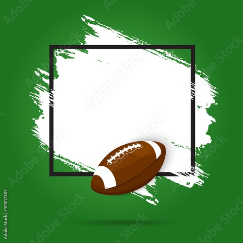 Rugby football, American sport ball and tournament cup vector background poster or flyer. Rugby league and American football fan club flag, green field grunge and paint brush grunge banner with ball