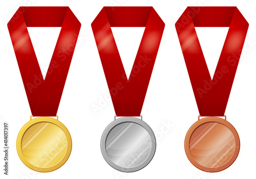 Set of medals in three versions - gold, silver, bronze. Vector illustration.